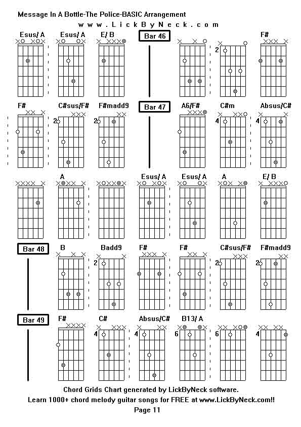 Chord Grids Chart of chord melody fingerstyle guitar song-Message In A Bottle-The Police-BASIC Arrangement,generated by LickByNeck software.